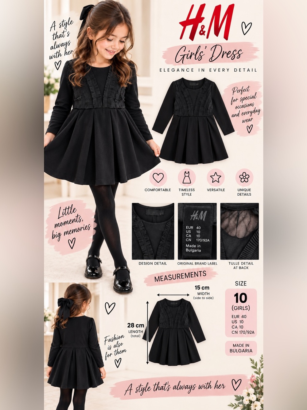 H&M Girls Black Fit & Flare Pleated Long Sleeve Round Neck Dress Size 10